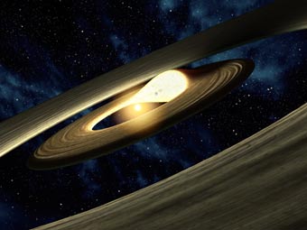 Ученые предполагают, что молодая планета "заставляет" изменяться границу пылевого диска. Изображение NASA/JPL-Caltech 